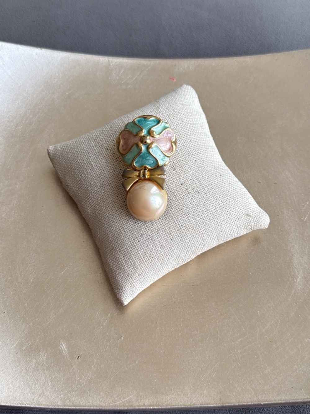 Gold-Tone Pin Brooch Mint Green Blush Pink Enamel Pearl Accent Upcycled Fun